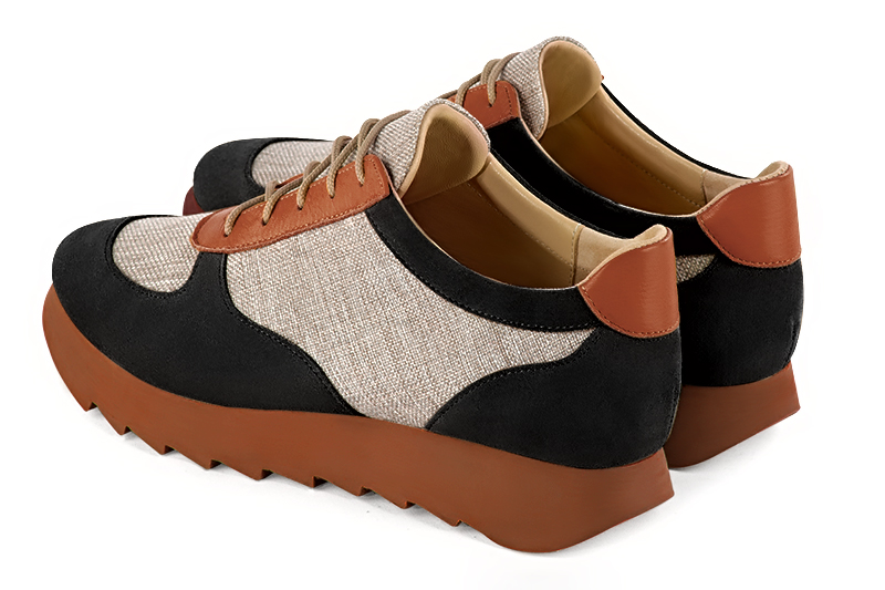 Matt black, natural beige and terracotta orange women's three-tone elegant sneakers. Round toe. Low rubber soles. Rear view - Florence KOOIJMAN